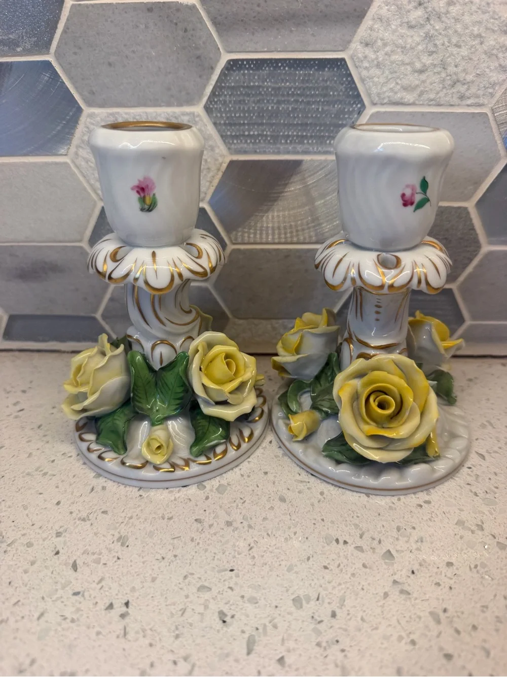 RARE Vintage Herend Porcelain Yellow Rose Candle Holders